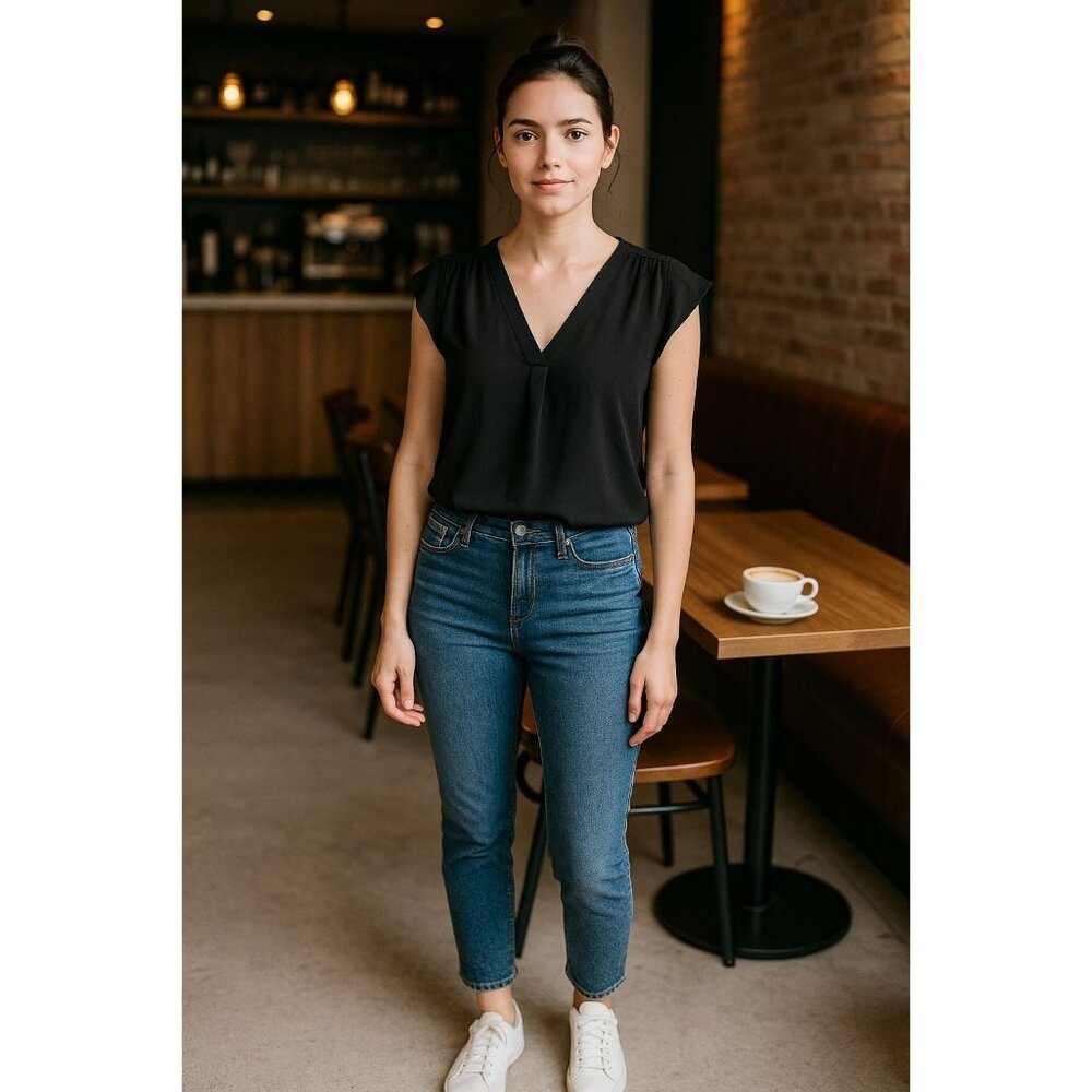 Chaus Black V-Neck Blouse XS Café Chic Corpcore Minimilist Goth